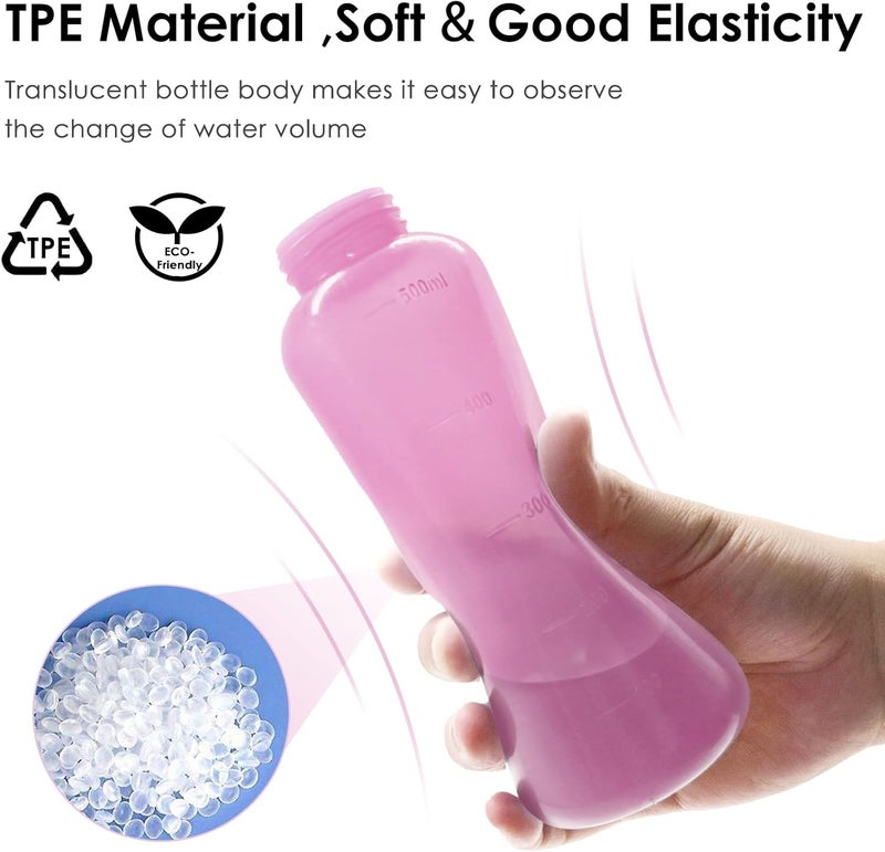 RUFCRIL زجاجة بيري، bidet سفر محمولة مع حقيبة، مادة TPE يمكن غليها، 17 أونصة/500 مل مع حلقتين ختم، أساسيات للعناية بالعجان بعد الولادة، علاج البواسير، وطفل (وردي) - Image 2